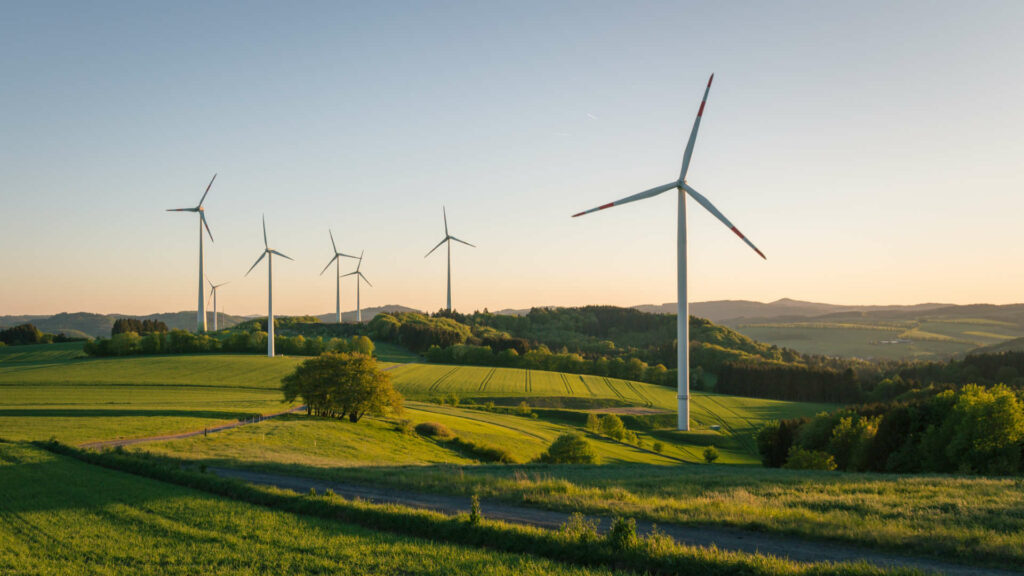 Windkraftanlagen auf einer grünen Landschaft, die den Einsatz erneuerbarer Energien und die Bedeutung der Einhaltung von ISO 50001-Standards für Energiemanagementsysteme darstellen.